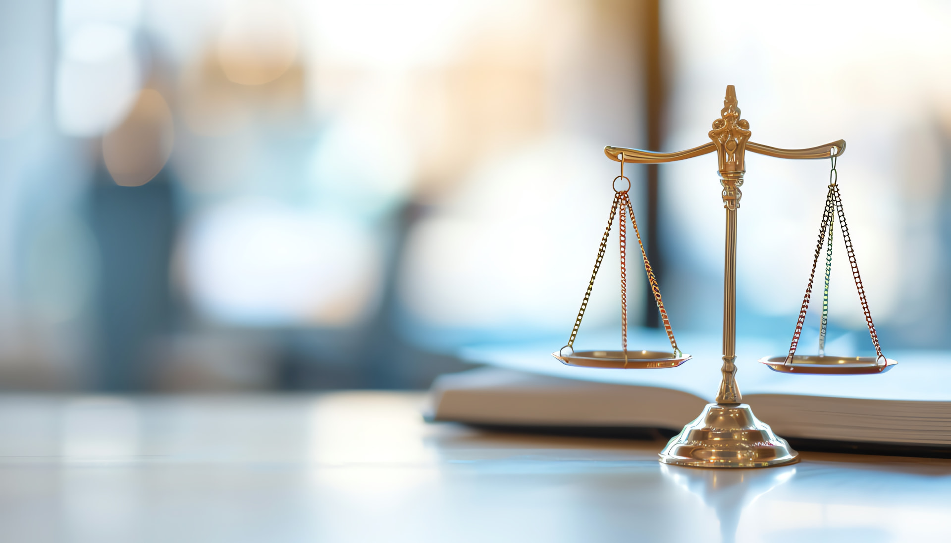 Justitia-Waage auf einem Schreibtisch neben einem aufgeschlagenen Buch